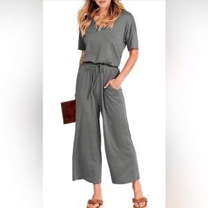 ANRABESS Women Short Sleeve Summer Casual V Neck Elastic Waist Wide Leg Jumpsuit